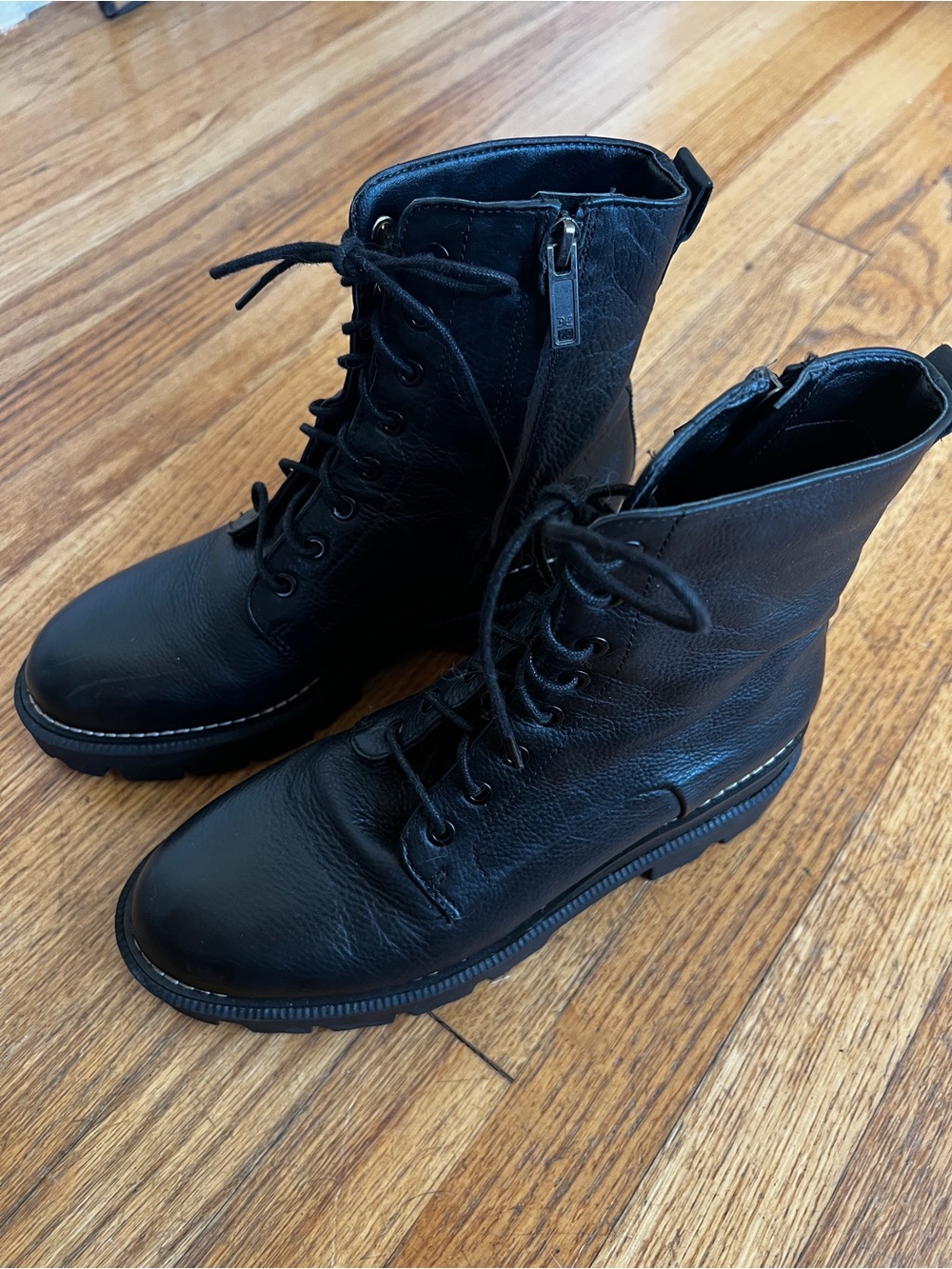 Sam Edelman Black Leather Lace-Up Zip Combat Boots
